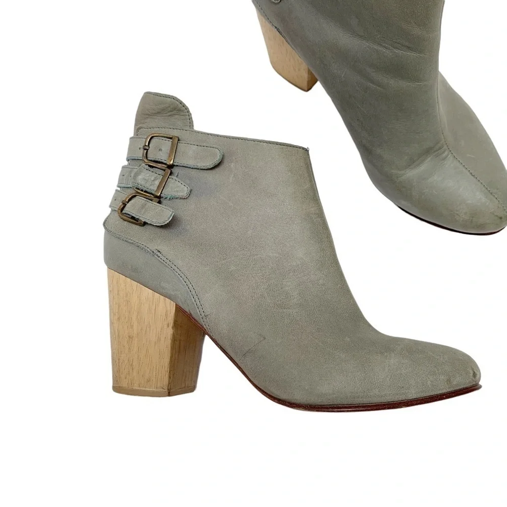 Fortress of Inca Leather Booties Size 6 Ankle Boots Heel Buckles Gray Green
